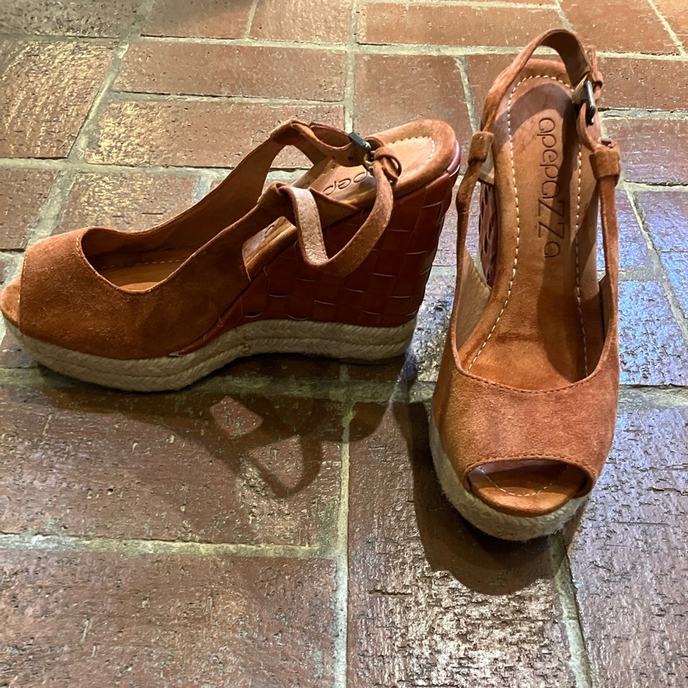 Burnt orange suede platform wedge heels; size 9 & 1/2;